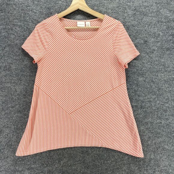 Chico's T-Shirt Women 0 Red Striped Short Sleeve Round Neck Rayon Casual Comfort - Picture 1 of 9